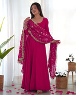 Thumbnail for Lorenvalley Women Georgette Anarkali Gown Duppta Full Set With Pent Ready To Wear - Magenta - Distacart