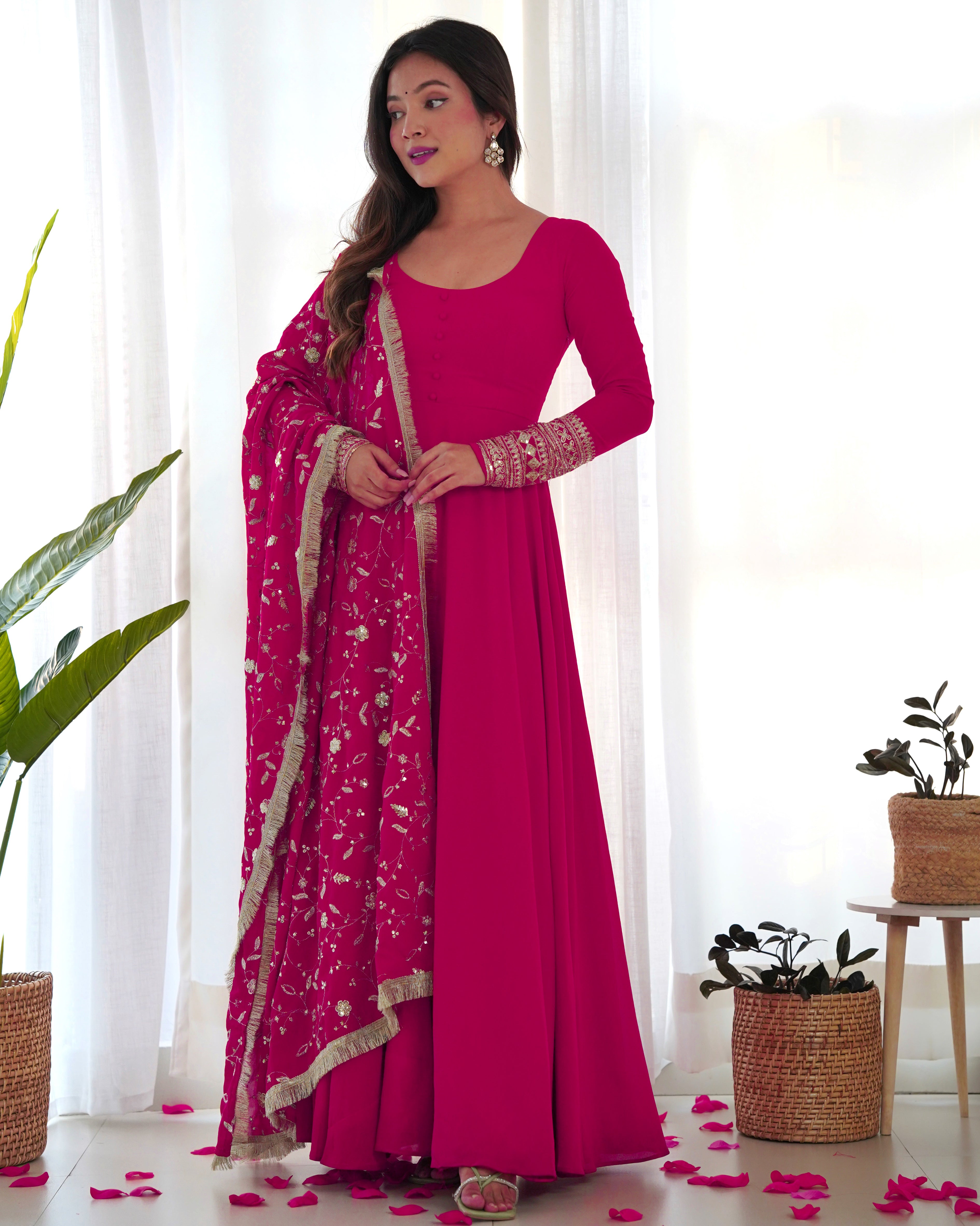 Lorenvalley Women Georgette Anarkali Gown Duppta Full Set With Pent Ready To Wear - Magenta - Distacart