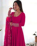 Thumbnail for Lorenvalley Women Georgette Anarkali Gown Duppta Full Set With Pent Ready To Wear - Magenta - Distacart