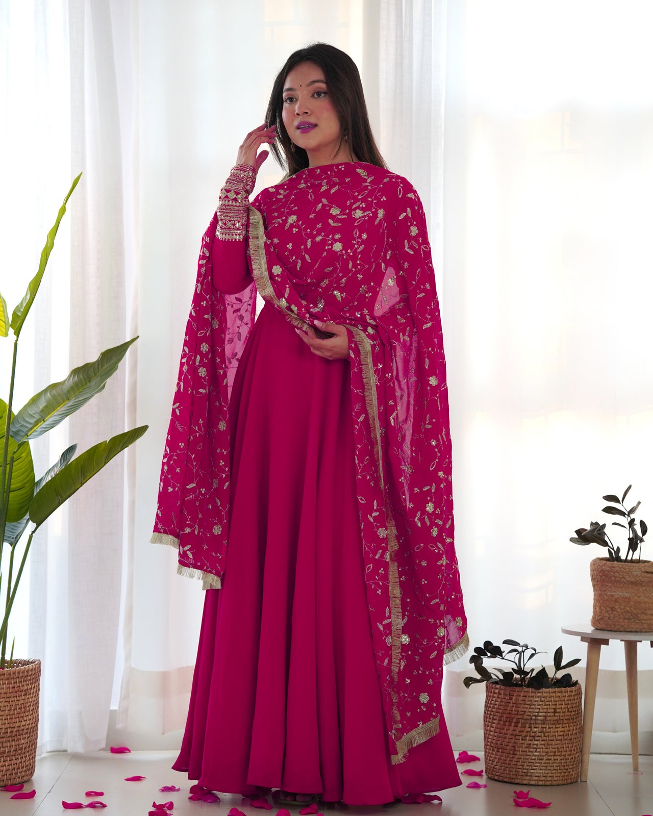 Lorenvalley Women Georgette Anarkali Gown Duppta Full Set With Pent Ready To Wear - Magenta