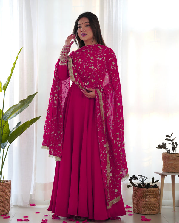 Lorenvalley Women Georgette Anarkali Gown Duppta Full Set With Pent Ready To Wear - Magenta - Distacart