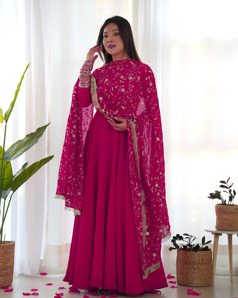 Lorenvalley Women Georgette Anarkali Gown Duppta Full Set With Pent Ready To Wear - Magenta