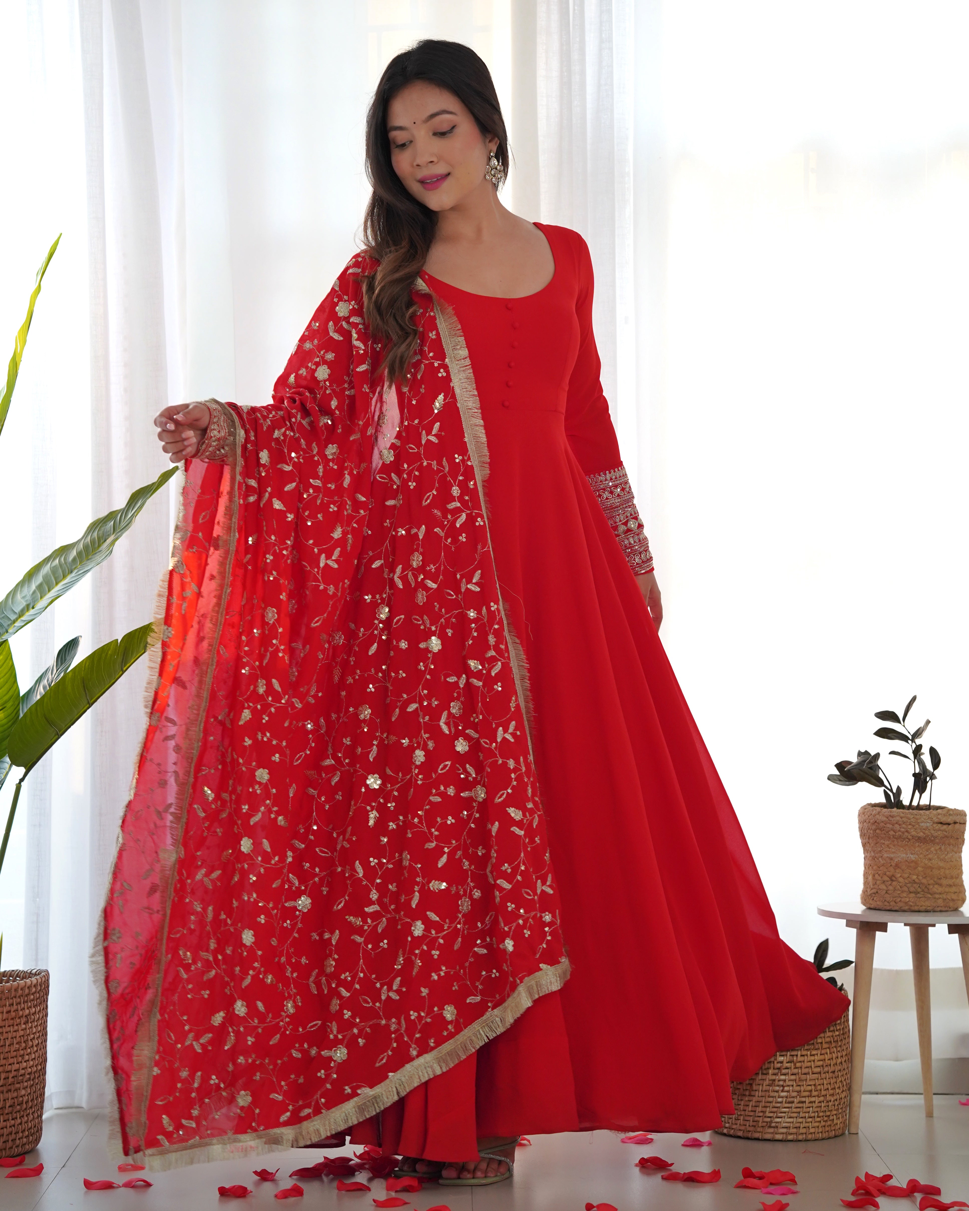 Lorenvalley Women Georgette Anarkali Gown Duppta Full Set With Pent Ready To Wear - Red - Distacart