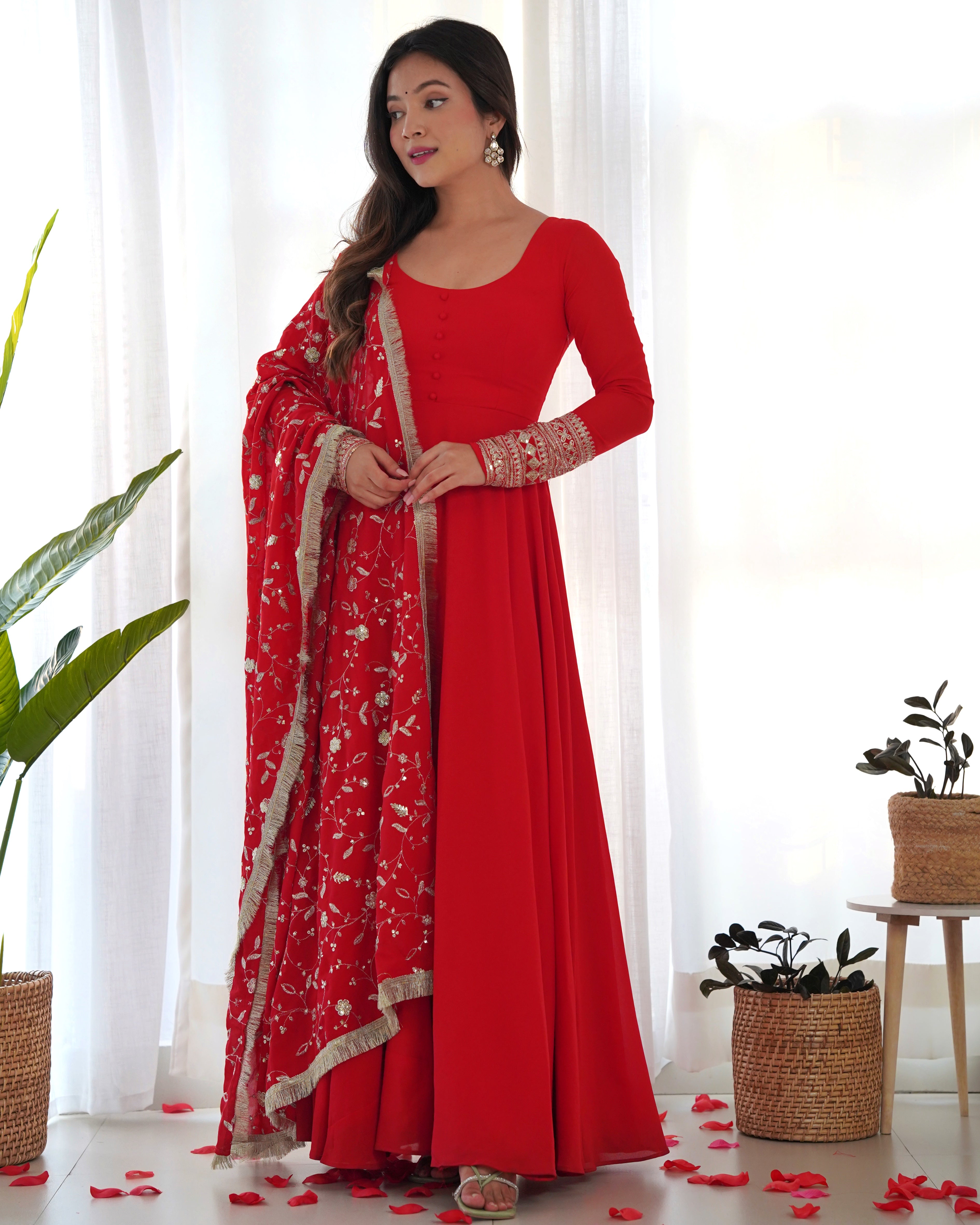 Lorenvalley Women Georgette Anarkali Gown Duppta Full Set With Pent Ready To Wear - Red - Distacart