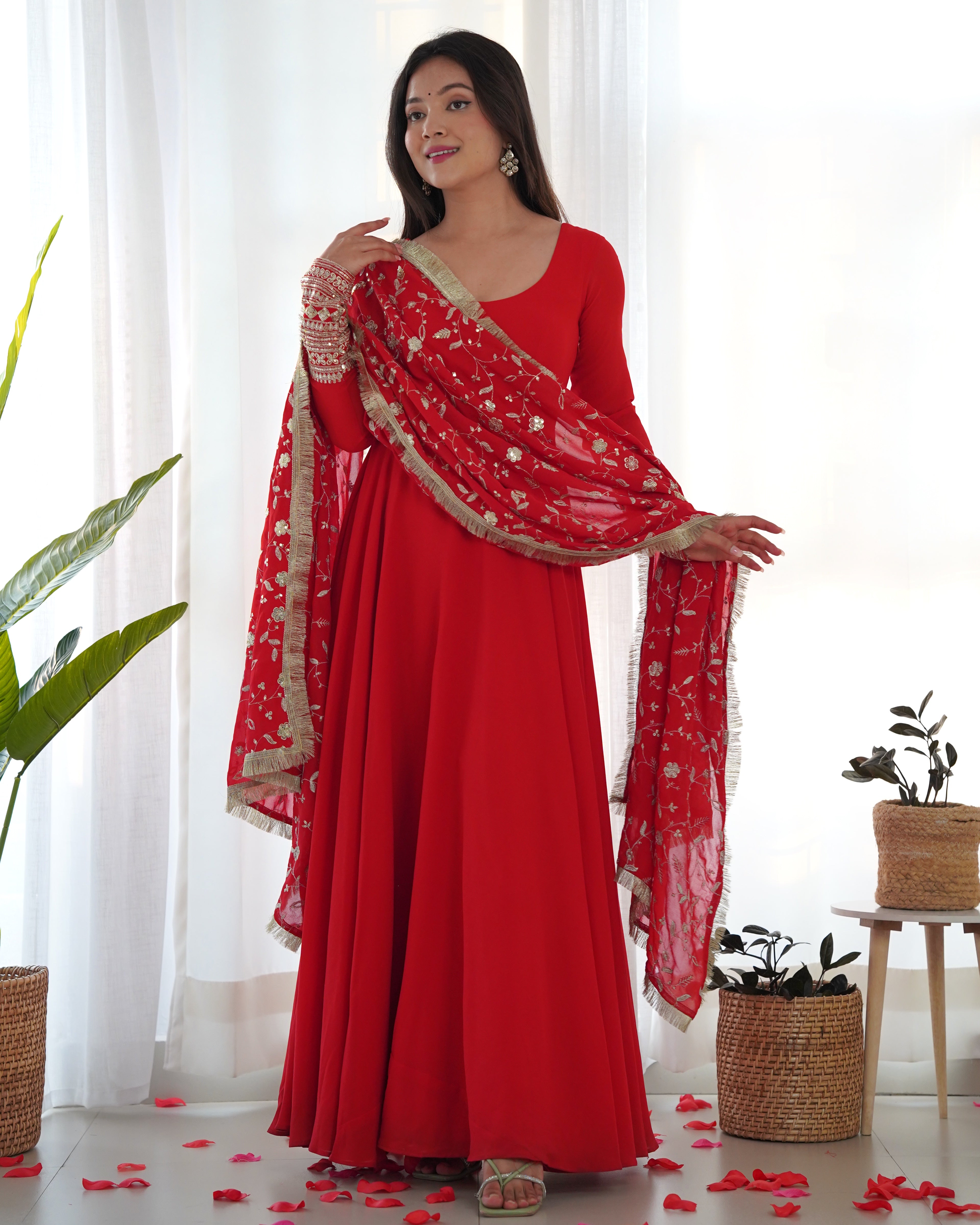 Lorenvalley Women Georgette Anarkali Gown Duppta Full Set With Pent Ready To Wear - Red - Distacart