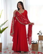 Thumbnail for Lorenvalley Women Georgette Anarkali Gown Duppta Full Set With Pent Ready To Wear - Red - Distacart