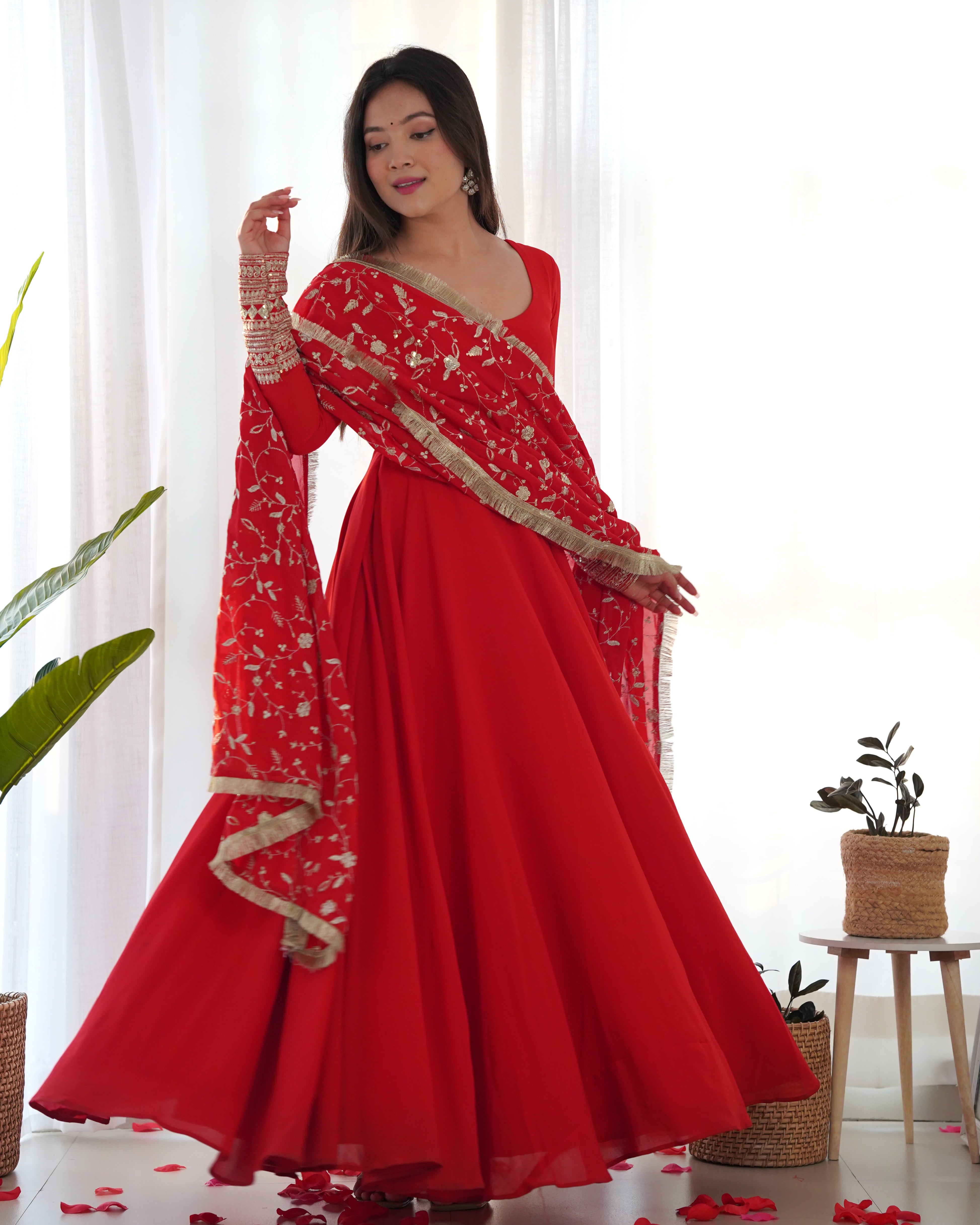 Lorenvalley Women Georgette Anarkali Gown Duppta Full Set With Pent Ready To Wear - Red - Distacart