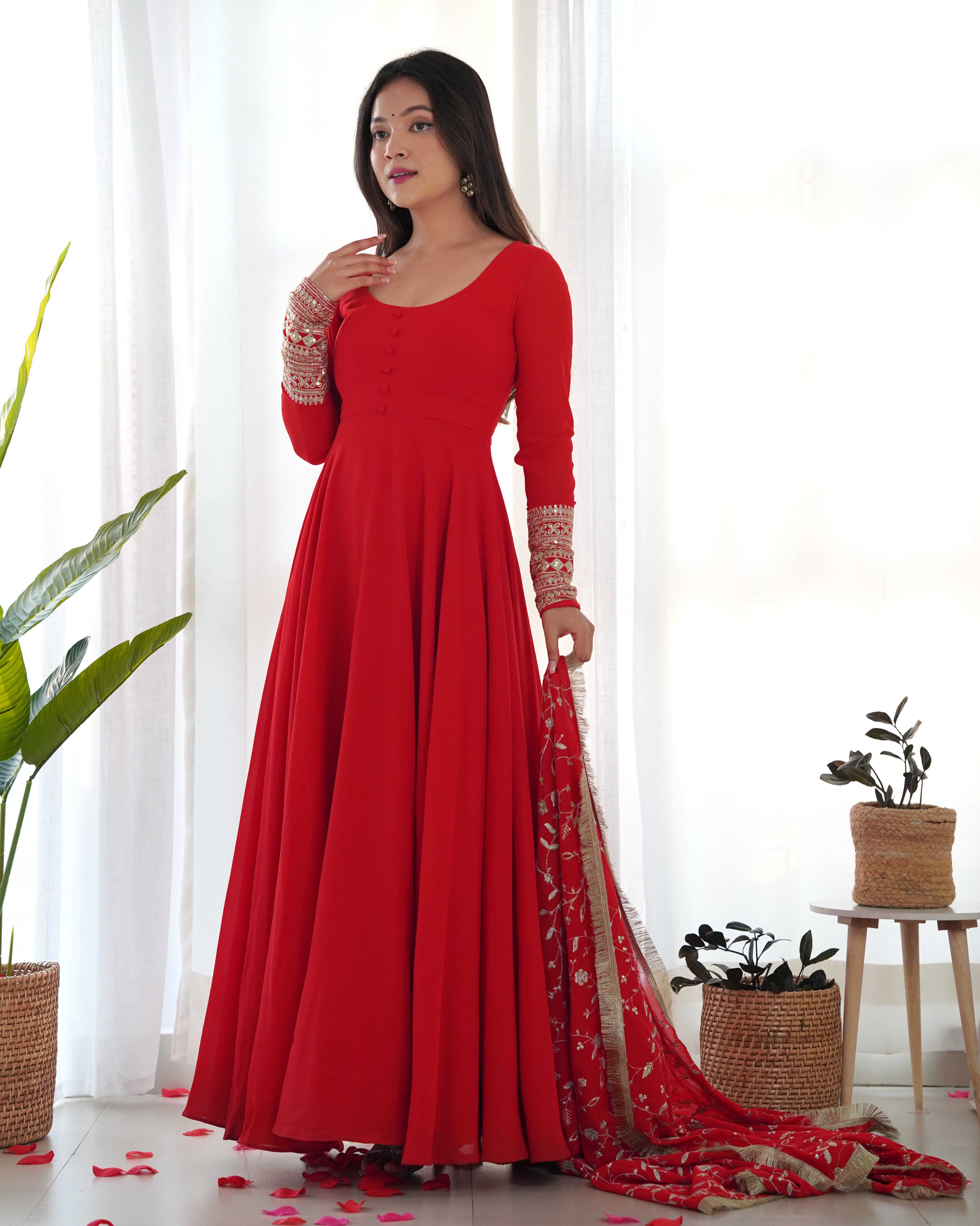 Lorenvalley Women Georgette Anarkali Gown Duppta Full Set With Pent Ready To Wear - Red - Distacart