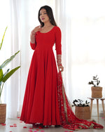 Thumbnail for Lorenvalley Women Georgette Anarkali Gown Duppta Full Set With Pent Ready To Wear - Red - Distacart