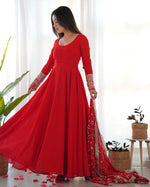 Thumbnail for Lorenvalley Women Georgette Anarkali Gown Duppta Full Set With Pent Ready To Wear - Red - Distacart