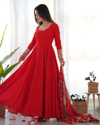 Thumbnail for Lorenvalley Women Georgette Anarkali Gown Duppta Full Set With Pent Ready To Wear - Red