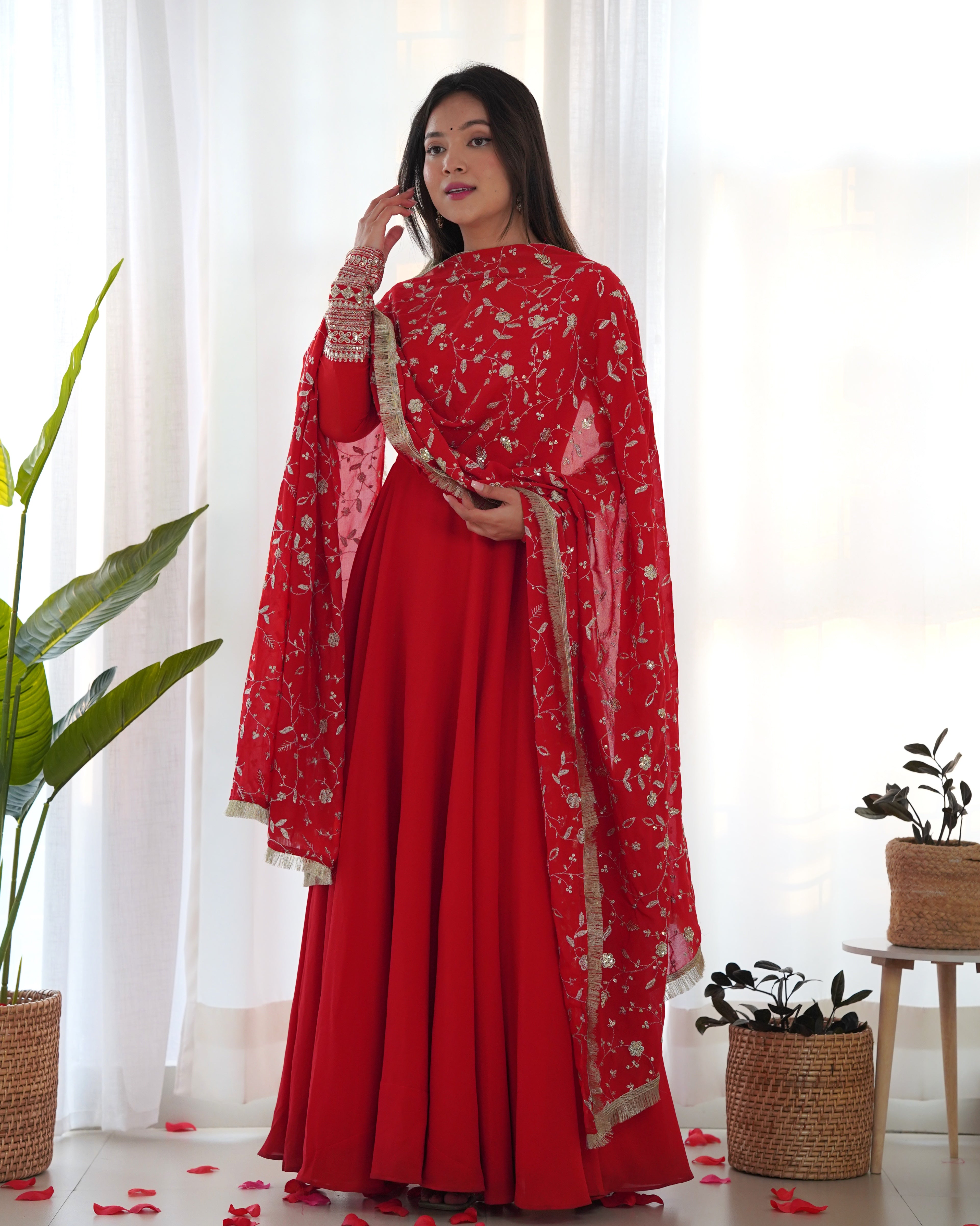 Lorenvalley Women Georgette Anarkali Gown Duppta Full Set With Pent Ready To Wear - Red - Distacart