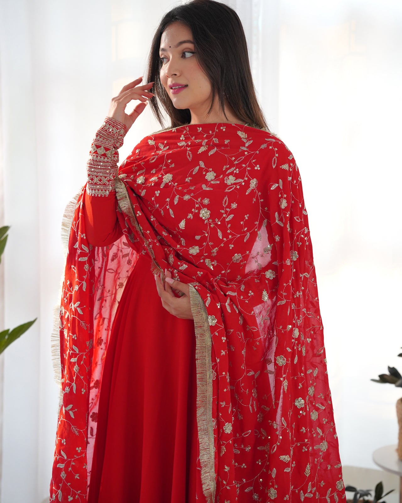 Lorenvalley Women Georgette Anarkali Gown Duppta Full Set With Pent Ready To Wear - Red