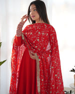 Thumbnail for Lorenvalley Women Georgette Anarkali Gown Duppta Full Set With Pent Ready To Wear - Red - Distacart