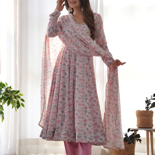 Lorenvalley Fashion Women Pure Orange Chiffon Floral Print Fully Flair Anarkali Kurta Pant With Dupatta Set - Pink - Distacart
