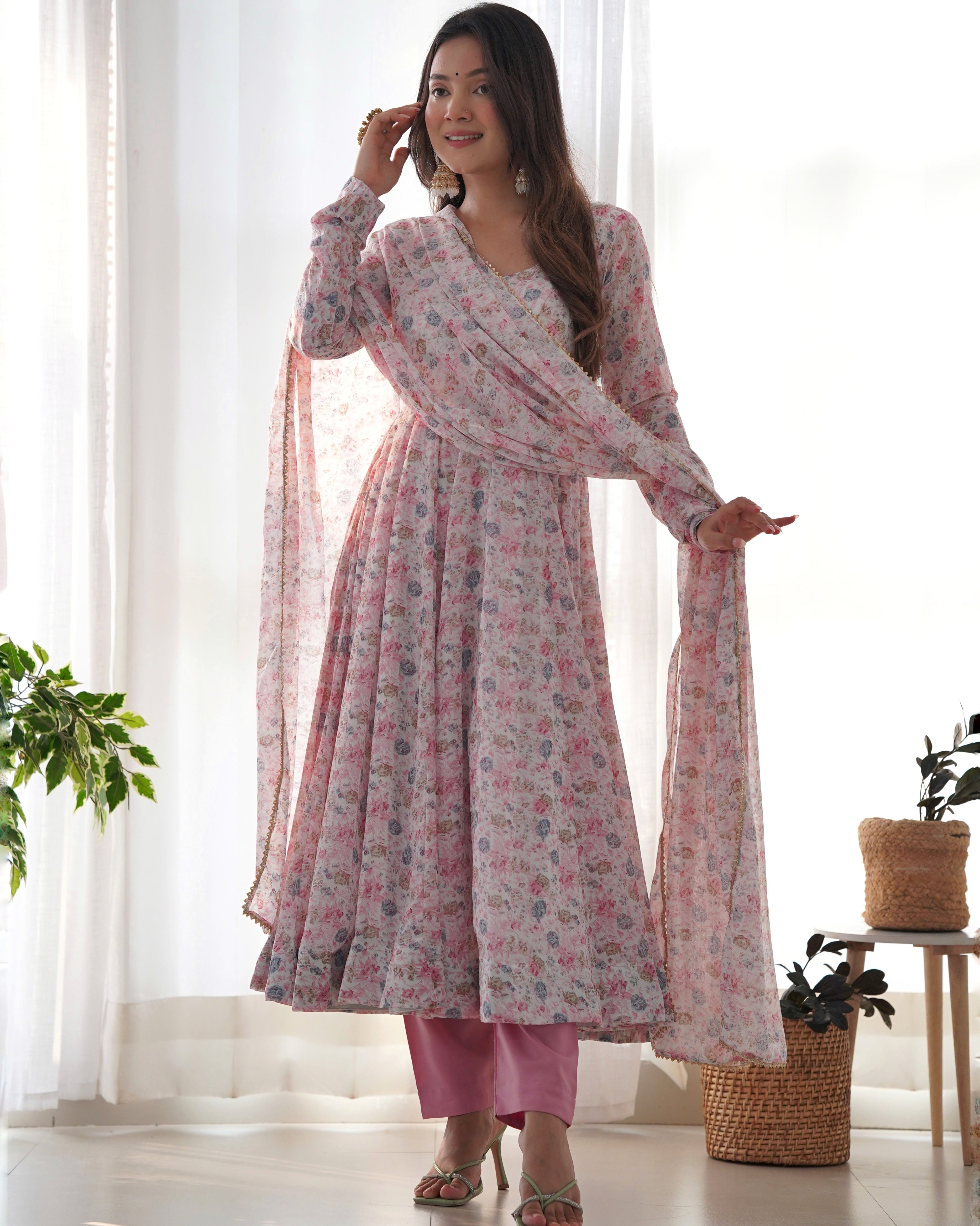 Lorenvalley Fashion Women Pure Orange Chiffon Floral Print Fully Flair Anarkali Kurta Pant With Dupatta Set - Pink - Distacart