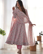 Thumbnail for Lorenvalley Fashion Women Pure Orange Chiffon Floral Print Fully Flair Anarkali Kurta Pant With Dupatta Set - Pink - Distacart