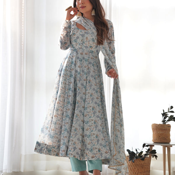 Lorenvalley Fashion Women Pure Orange Chiffon Floral Print Fully Flair Anarkali Kurta Pant With Dupatta Set - Skyblue - Distacart