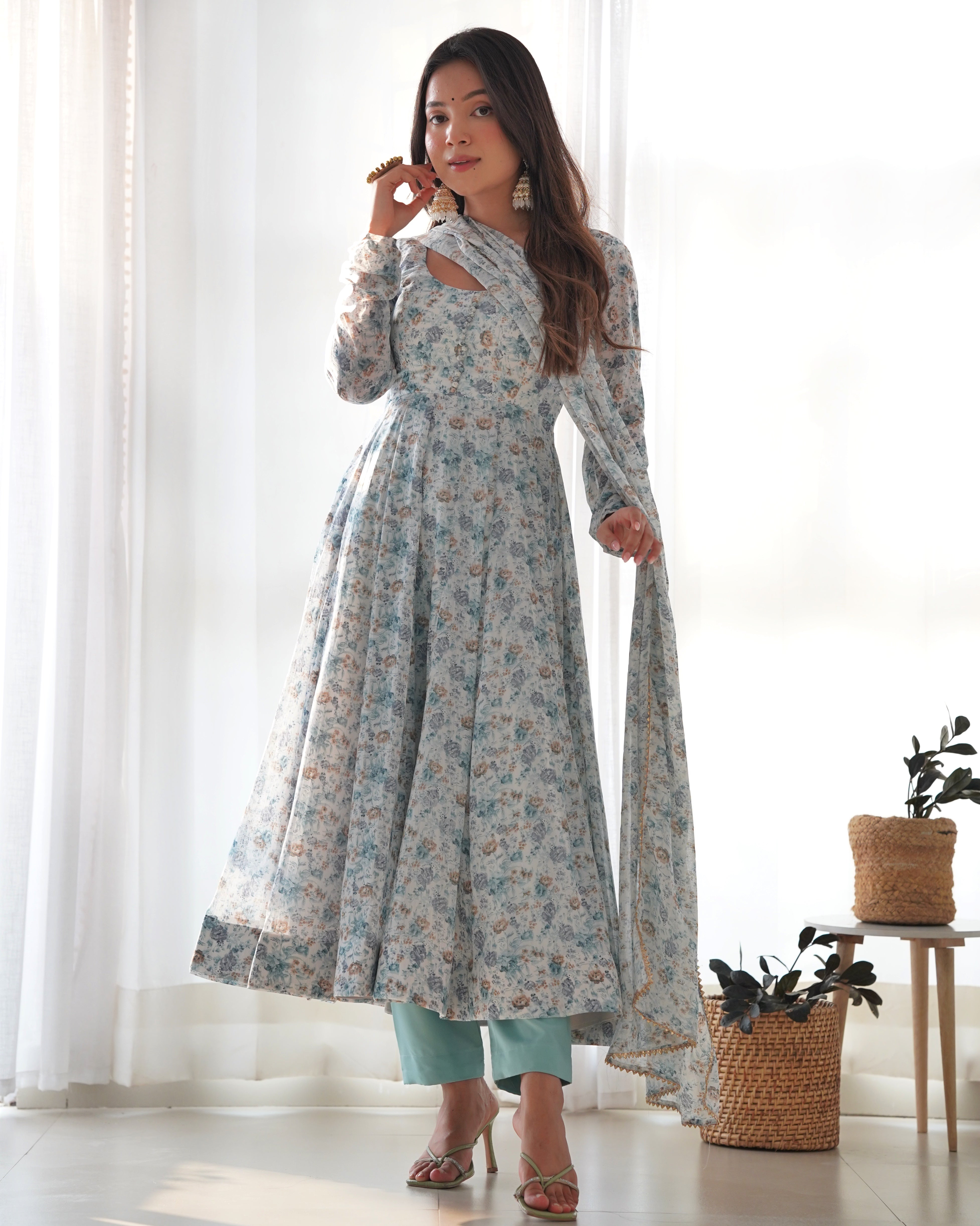 Lorenvalley Fashion Women Pure Orange Chiffon Floral Print Fully Flair Anarkali Kurta Pant With Dupatta Set - Skyblue - Distacart