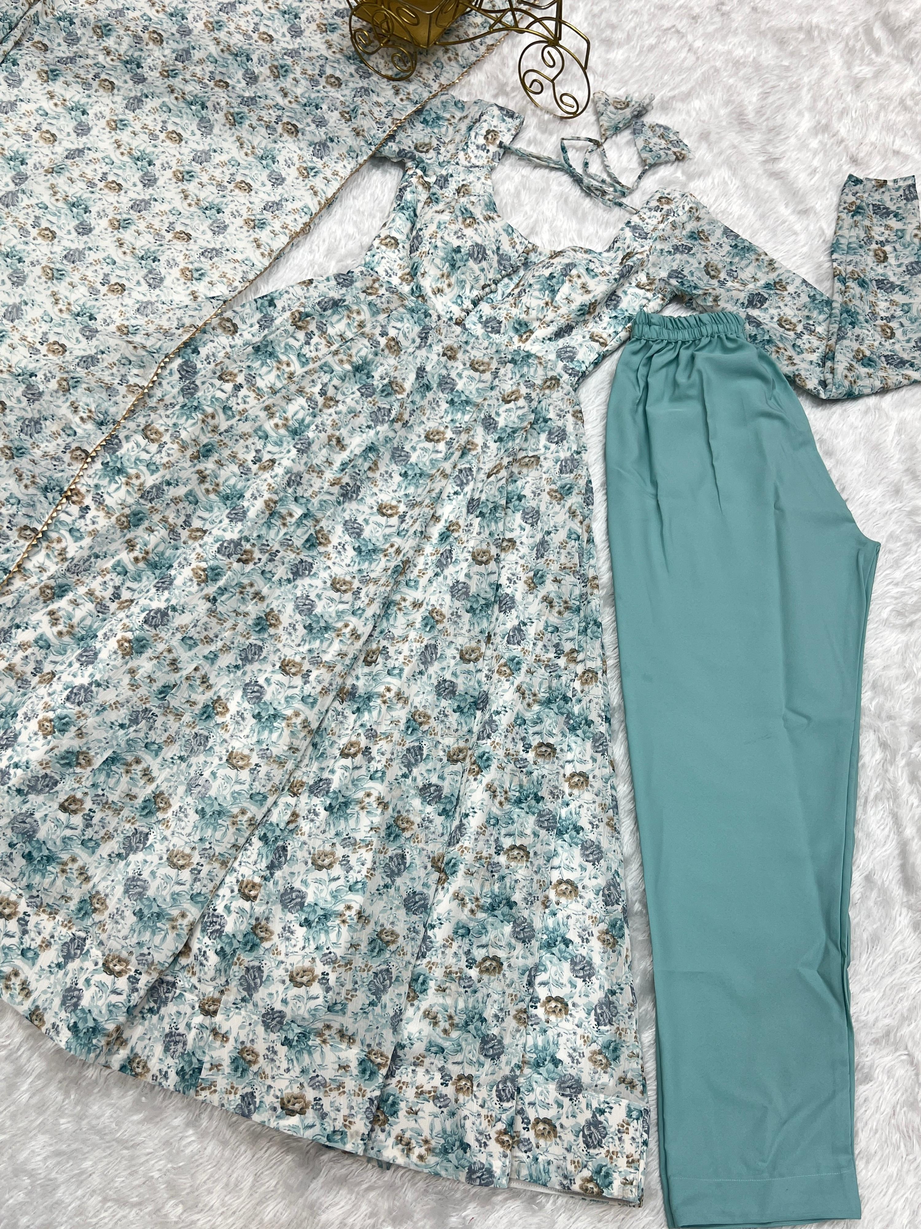 Lorenvalley Fashion Women Pure Orange Chiffon Floral Print Fully Flair Anarkali Kurta Pant With Dupatta Set - Skyblue - Distacart