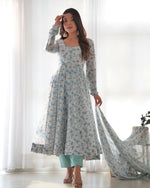 Thumbnail for Lorenvalley Fashion Women Pure Orange Chiffon Floral Print Fully Flair Anarkali Kurta Pant With Dupatta Set - Skyblue - Distacart