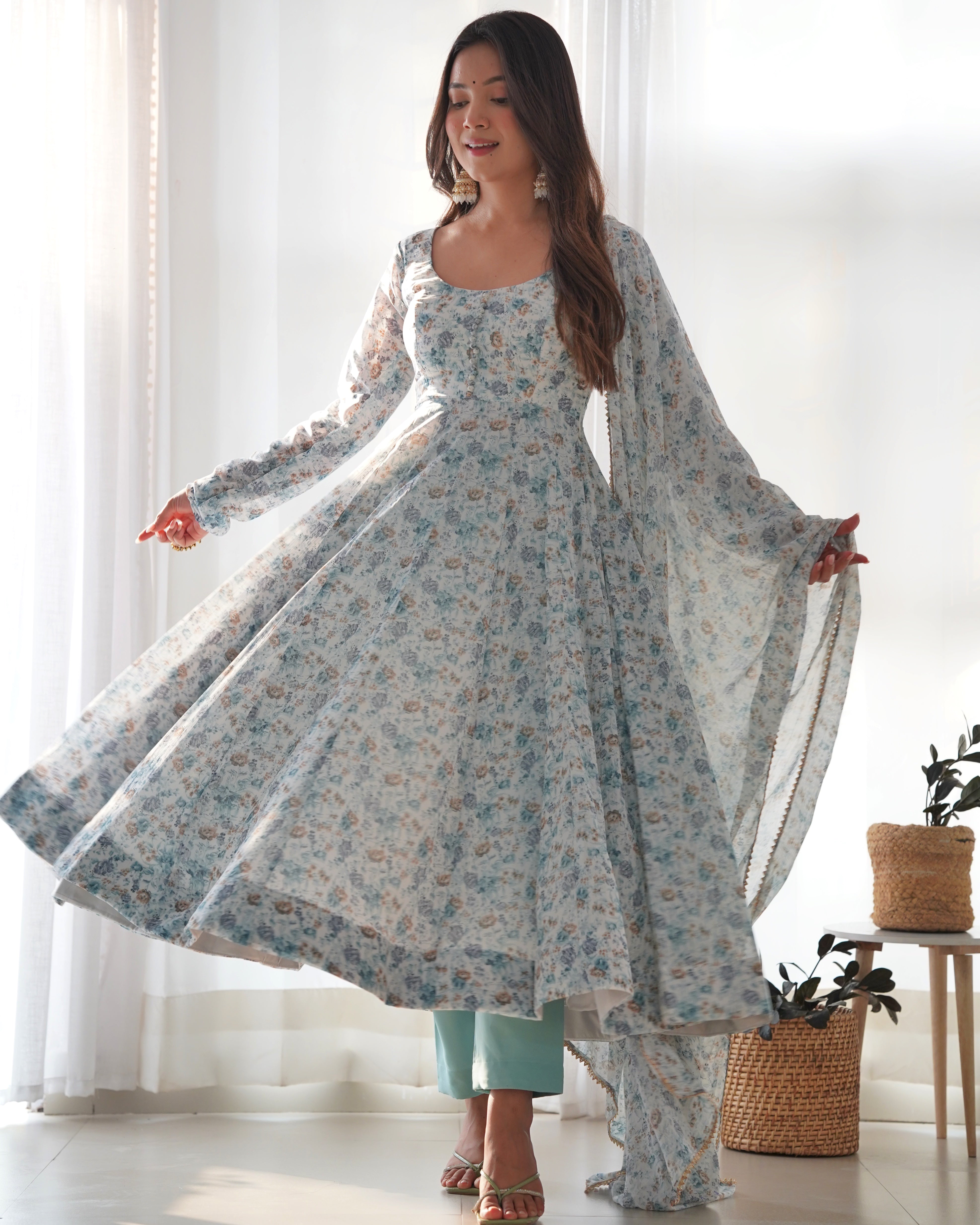 Lorenvalley Fashion Women Pure Orange Chiffon Floral Print Fully Flair Anarkali Kurta Pant With Dupatta Set - Skyblue - Distacart