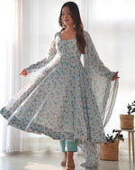 Thumbnail for Lorenvalley Fashion Women Pure Orange Chiffon Floral Print Fully Flair Anarkali Kurta Pant With Dupatta Set - Skyblue - Distacart