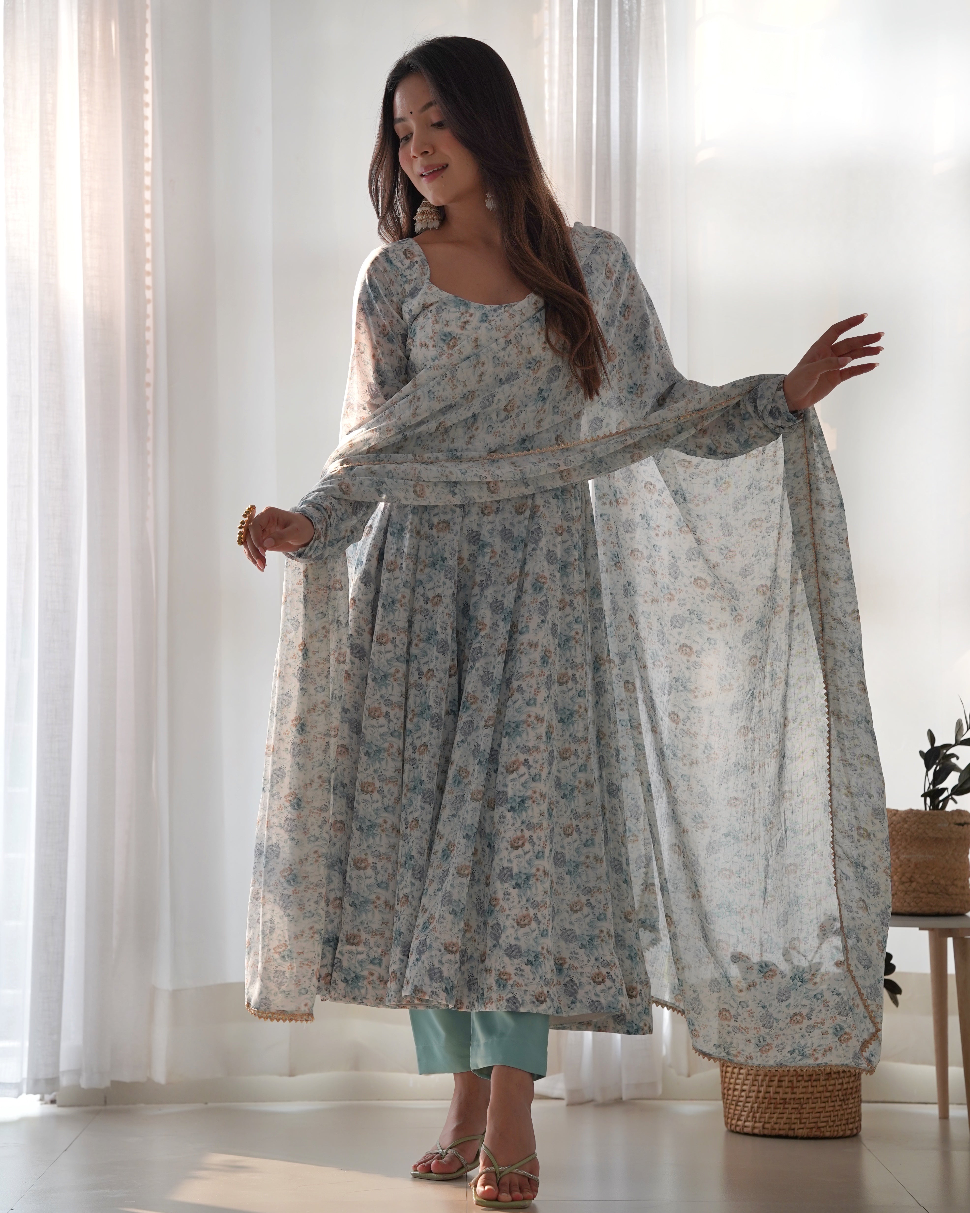 Lorenvalley Fashion Women Pure Orange Chiffon Floral Print Fully Flair Anarkali Kurta Pant With Dupatta Set - Skyblue - Distacart