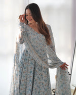 Thumbnail for Lorenvalley Fashion Women Pure Orange Chiffon Floral Print Fully Flair Anarkali Kurta Pant With Dupatta Set - Skyblue - Distacart