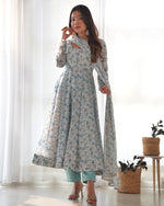Thumbnail for Lorenvalley Fashion Women Pure Orange Chiffon Floral Print Fully Flair Anarkali Kurta Pant With Dupatta Set - Skyblue - Distacart