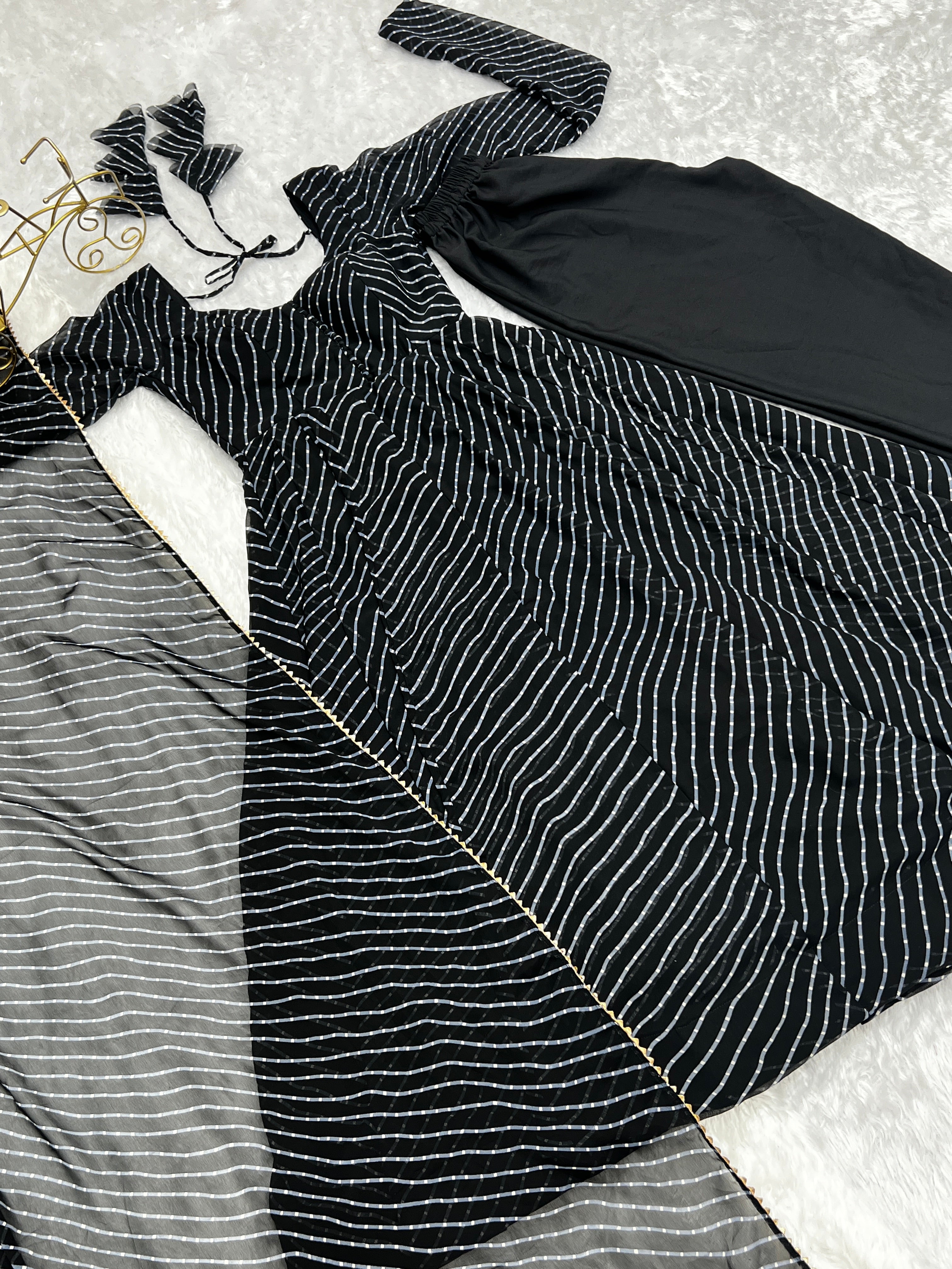 Lorenvalley Fashion Women Pure Soft Faux Georgette Laheriya Print Fully Flair Anarkali Kurta Pant With Dupatta Set - Black - Distacart
