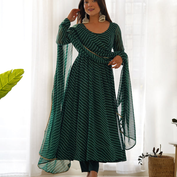 Lorenvalley Fashion Women Pure Soft Faux Georgette Laheriya Print Fully Flair Anarkali Kurta Pant With Dupatta Set - Green - Distacart