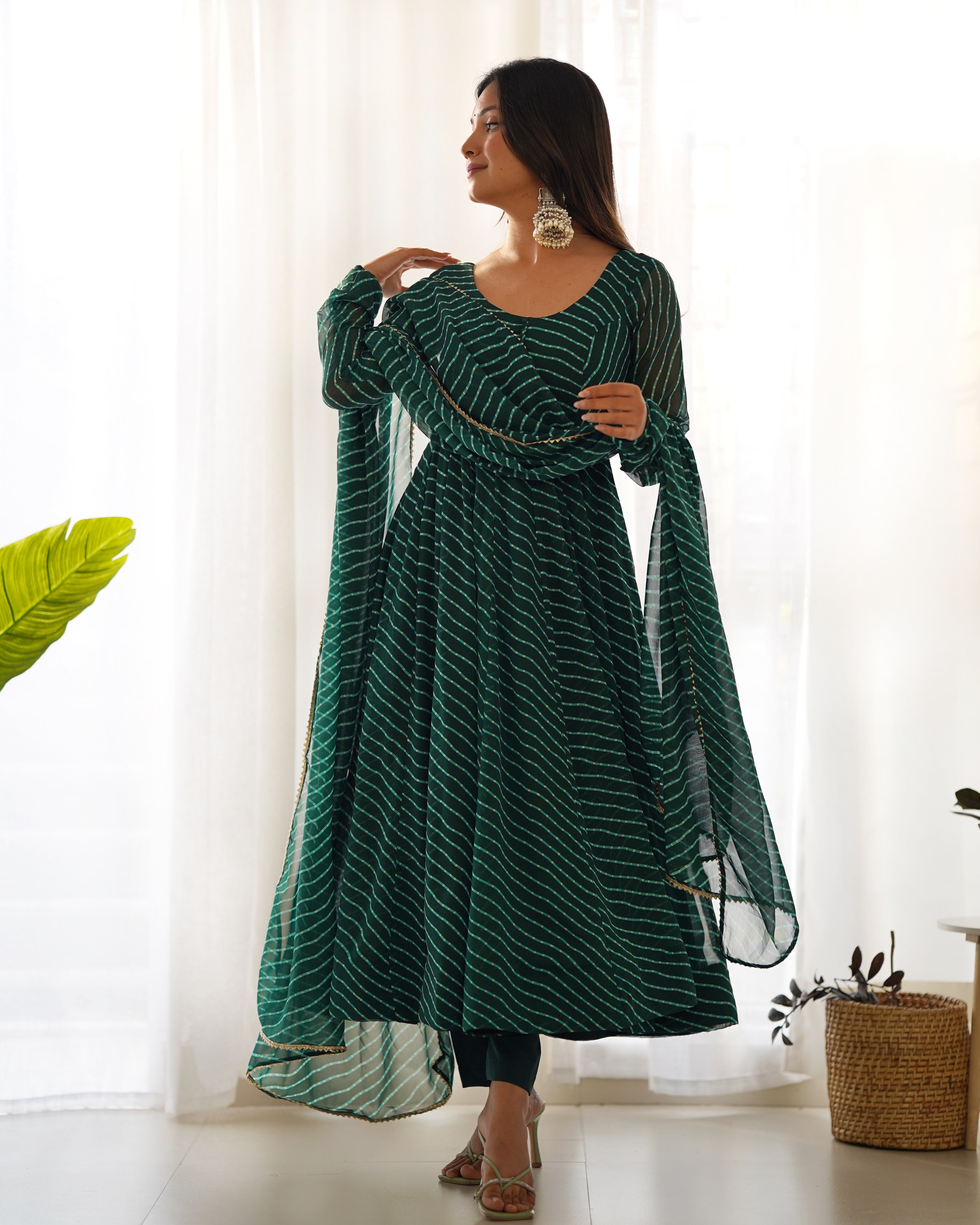 Lorenvalley Fashion Women Pure Soft Faux Georgette Laheriya Print Fully Flair Anarkali Kurta Pant With Dupatta Set - Green - Distacart