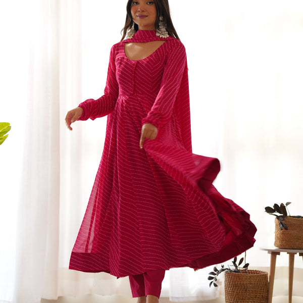 Lorenvalley Fashion Women Pure Soft Faux Georgette Laheriya Print Fully Flair Anarkali Kurta Pant With Dupatta Set - Magenta - Distacart