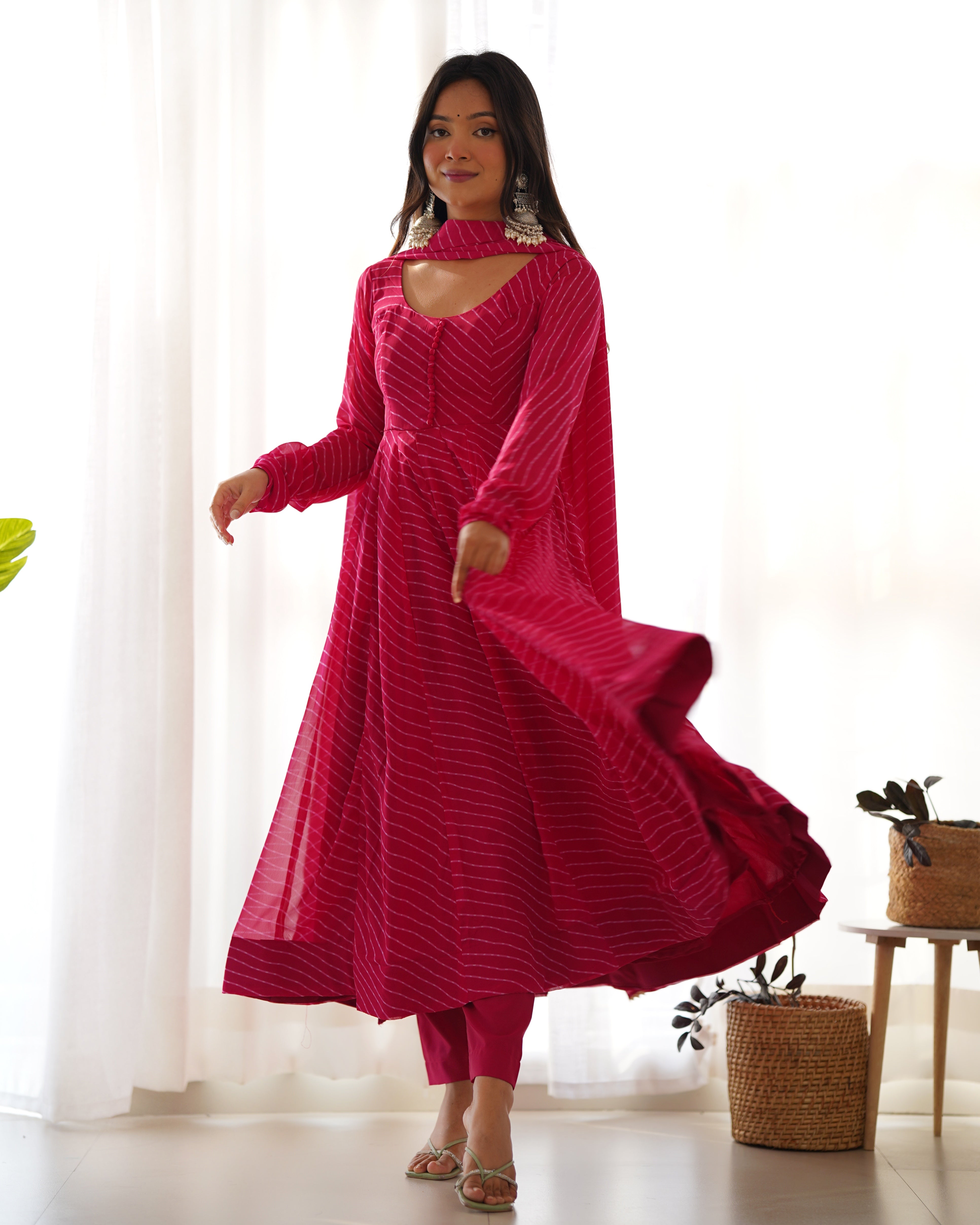 Lorenvalley Fashion Women Pure Soft Faux Georgette Laheriya Print Fully Flair Anarkali Kurta Pant With Dupatta Set - Magenta - Distacart