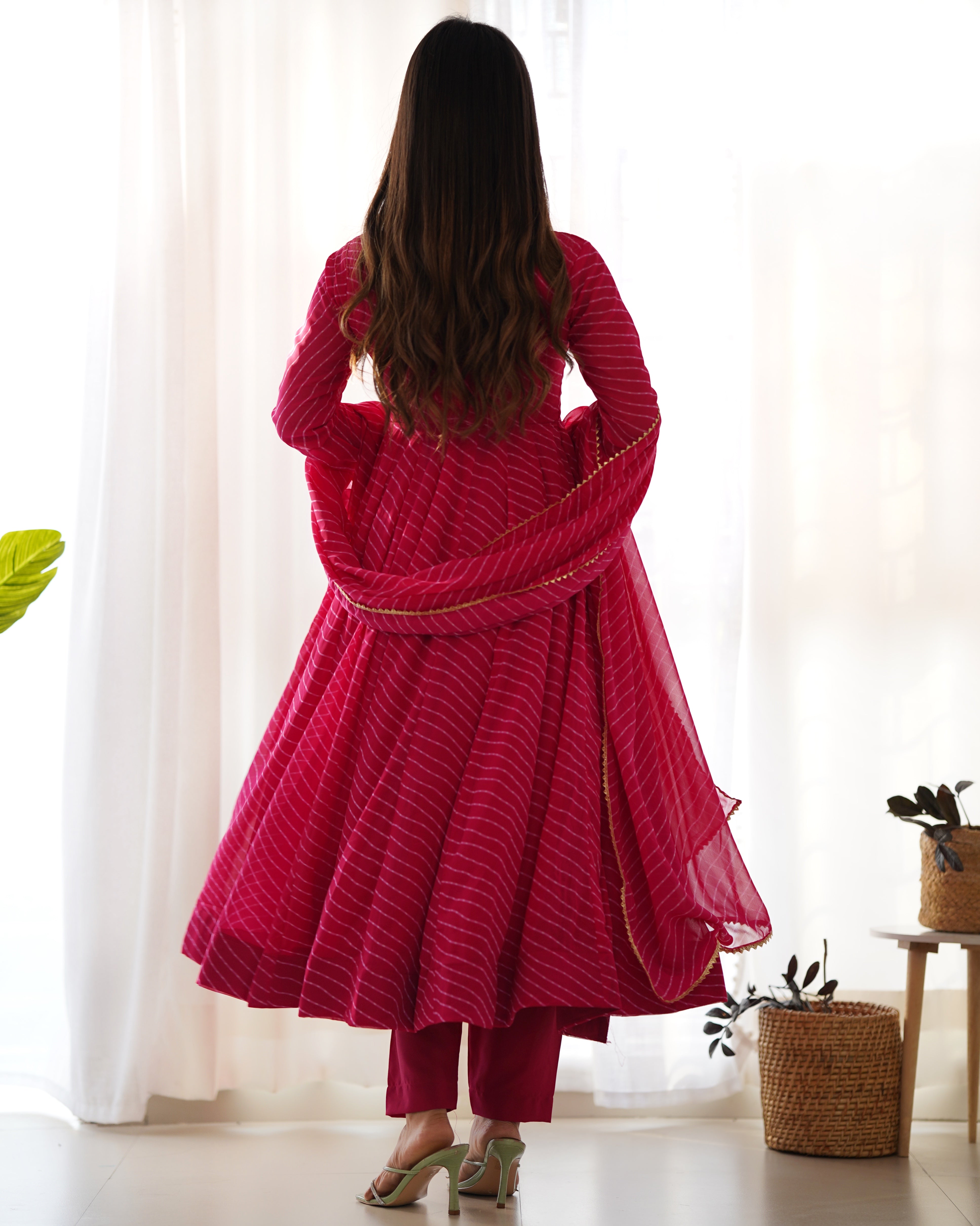 Lorenvalley Fashion Women Pure Soft Faux Georgette Laheriya Print Fully Flair Anarkali Kurta Pant With Dupatta Set - Magenta - Distacart