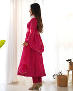Thumbnail for Lorenvalley Fashion Women Pure Soft Faux Georgette Laheriya Print Fully Flair Anarkali Kurta Pant With Dupatta Set - Magenta - Distacart