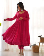 Thumbnail for Lorenvalley Fashion Women Pure Soft Faux Georgette Laheriya Print Fully Flair Anarkali Kurta Pant With Dupatta Set - Magenta - Distacart