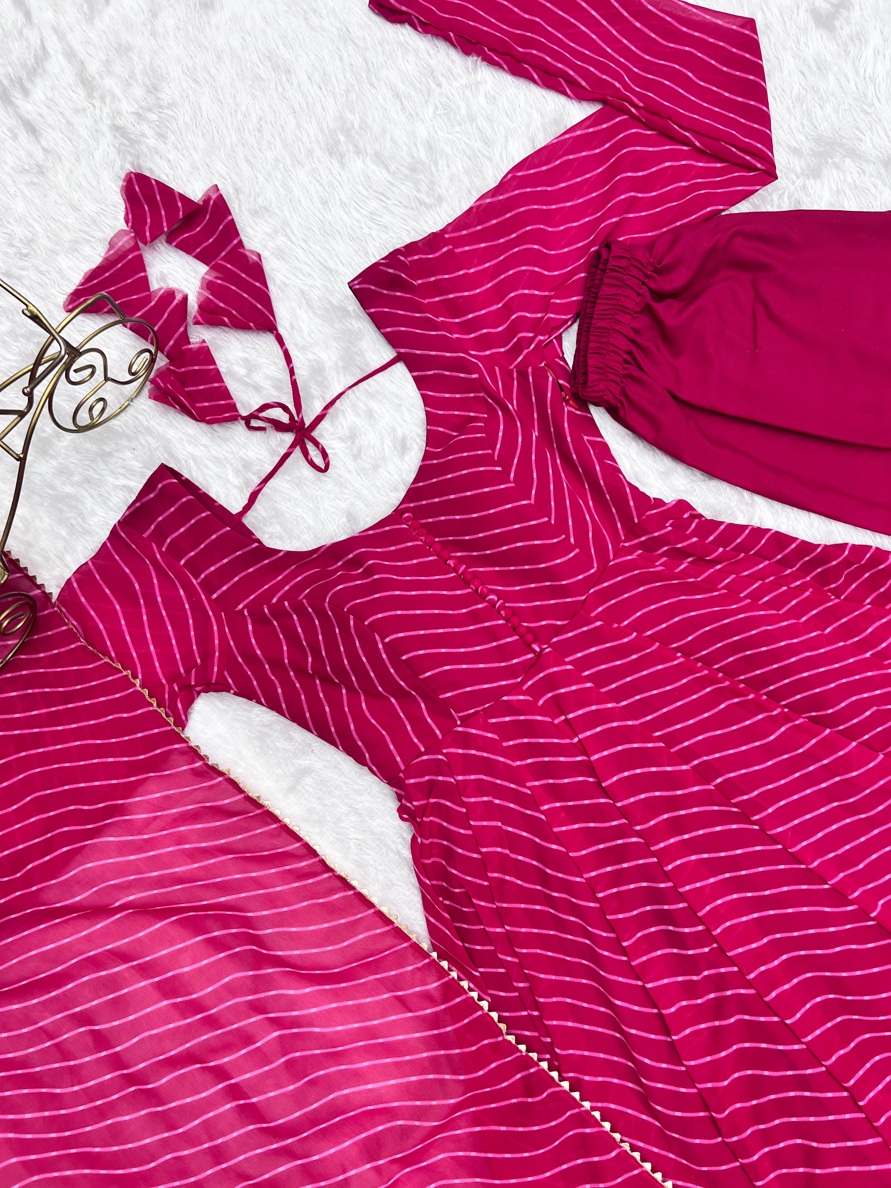 Lorenvalley Fashion Women Pure Soft Faux Georgette Laheriya Print Fully Flair Anarkali Kurta Pant With Dupatta Set - Magenta - Distacart