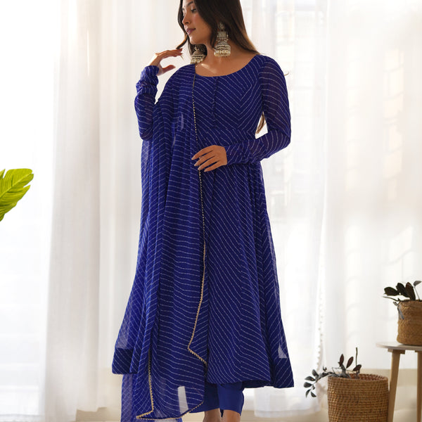 Lorenvalley Fashion Women Pure Soft Faux Georgette Laheriya Print Fully Flair Anarkali Kurta Pant With Dupatta Set - Blue - Distacart