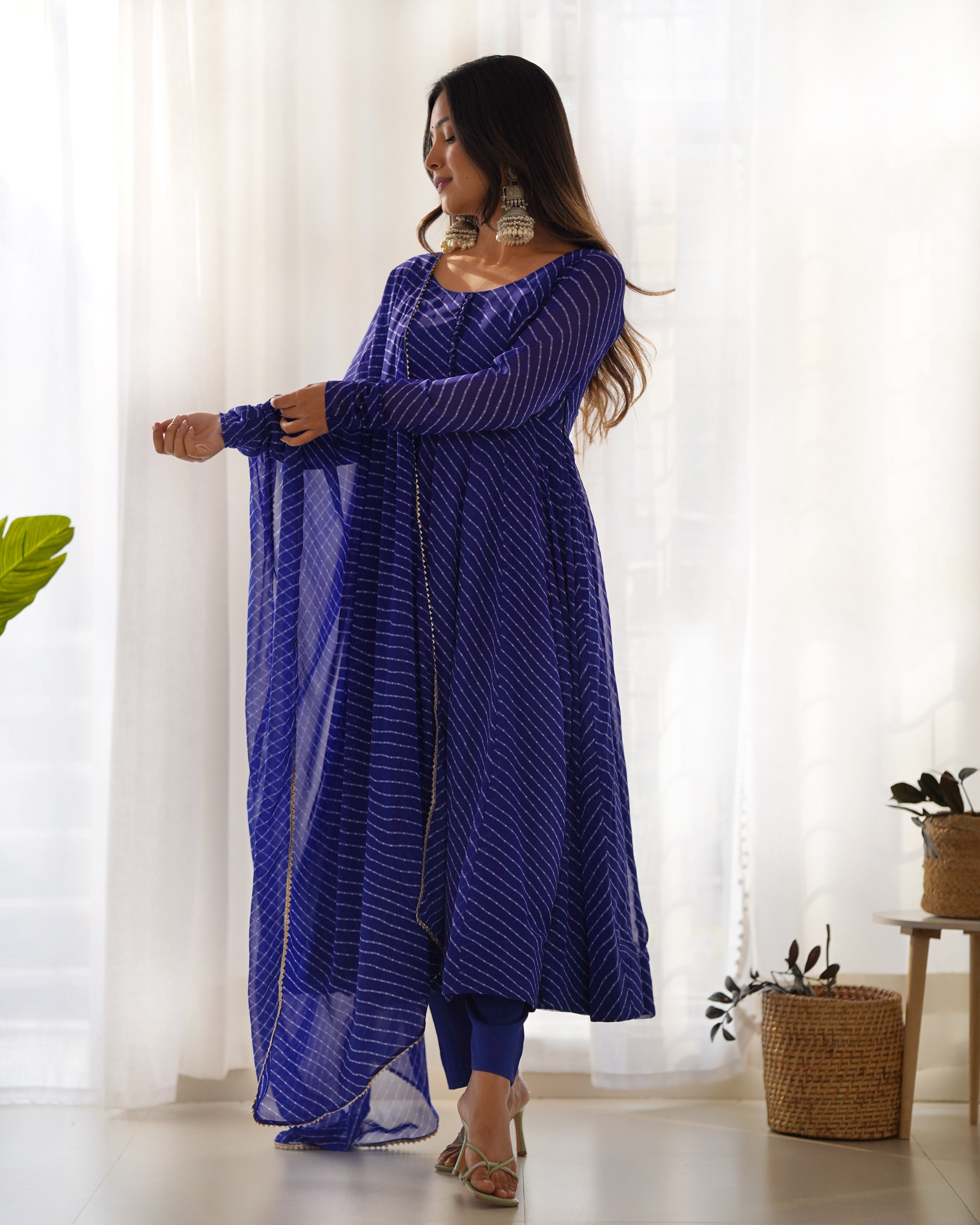 Lorenvalley Fashion Women Pure Soft Faux Georgette Laheriya Print Fully Flair Anarkali Kurta Pant With Dupatta Set - Blue - Distacart