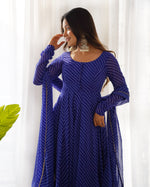 Thumbnail for Lorenvalley Fashion Women Pure Soft Faux Georgette Laheriya Print Fully Flair Anarkali Kurta Pant With Dupatta Set - Blue - Distacart