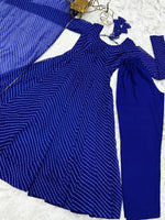 Thumbnail for Lorenvalley Fashion Women Pure Soft Faux Georgette Laheriya Print Fully Flair Anarkali Kurta Pant With Dupatta Set - Blue - Distacart