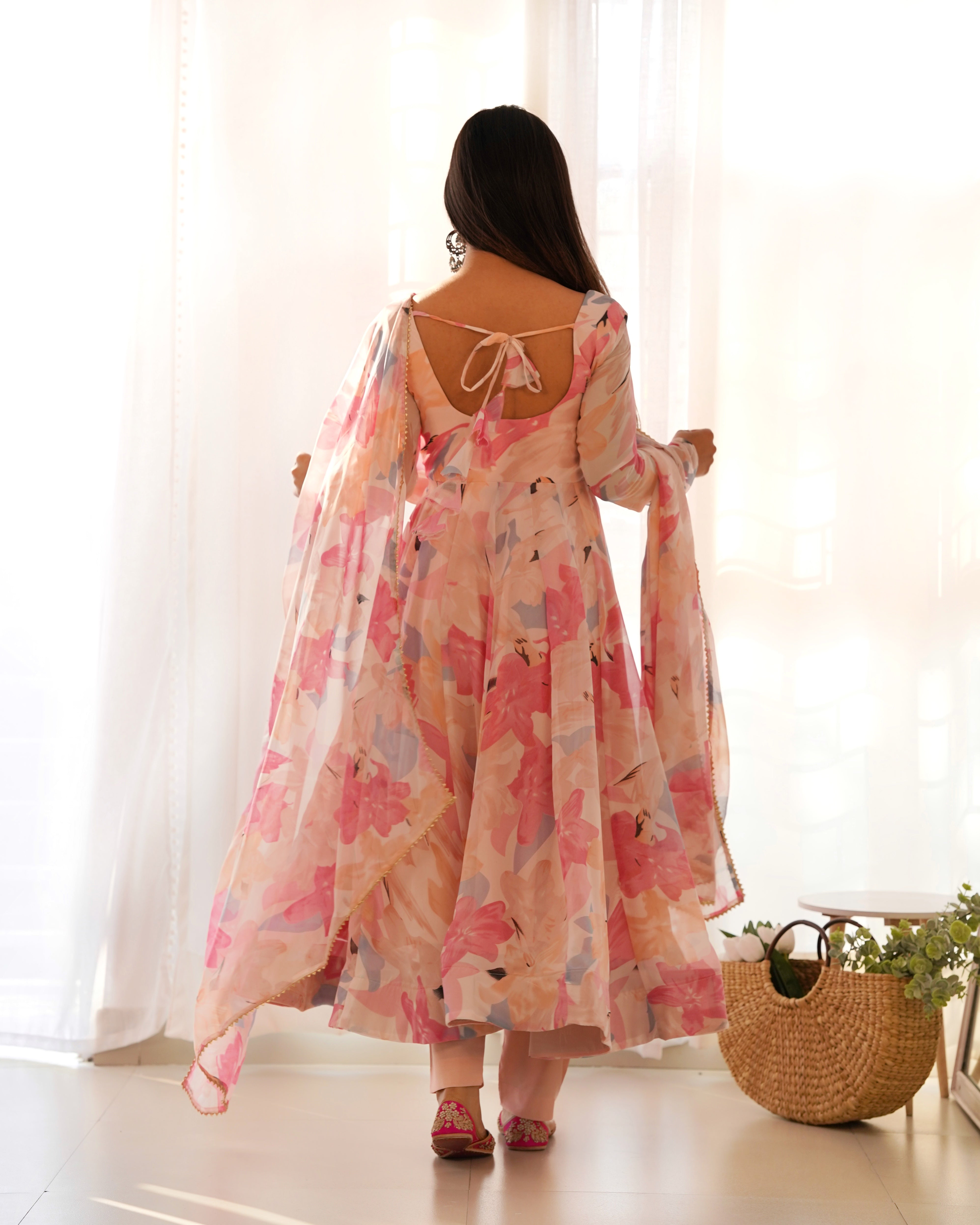 Lorenvalley Fashion Women Pure Soft Faux Georgette Floral Print Fully Flair Anarkali Kurta Pant With Dupatta Set - Peach - Distacart