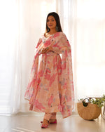 Thumbnail for Lorenvalley Fashion Women Pure Soft Faux Georgette Floral Print Fully Flair Anarkali Kurta Pant With Dupatta Set - Peach - Distacart