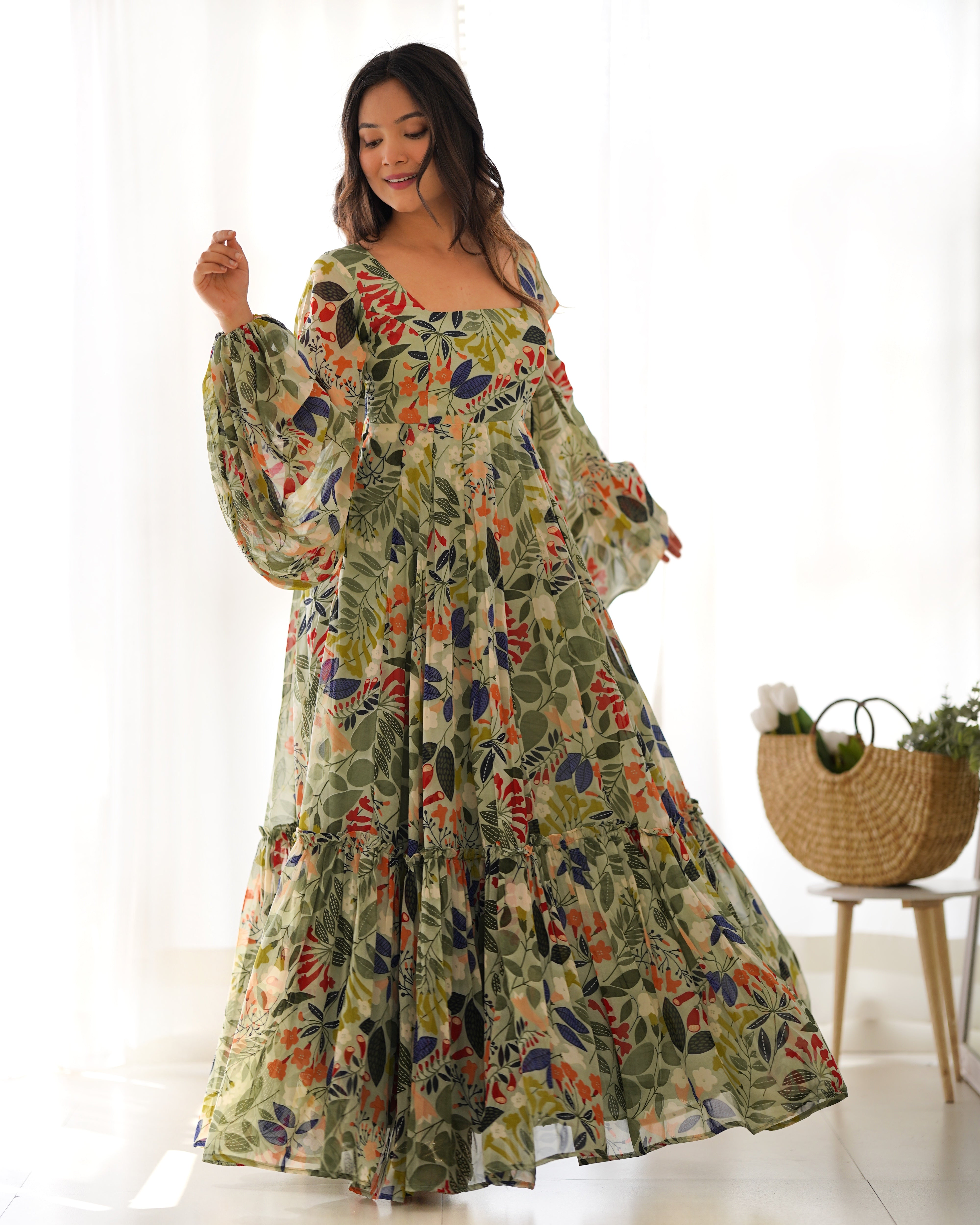 Lorenvalley Women Pure Soft Faux Georgette Floral Print Anarkali Gown - Seagreen - Distacart