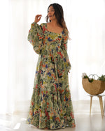 Thumbnail for Lorenvalley Women Pure Soft Faux Georgette Floral Print Anarkali Gown - Seagreen - Distacart