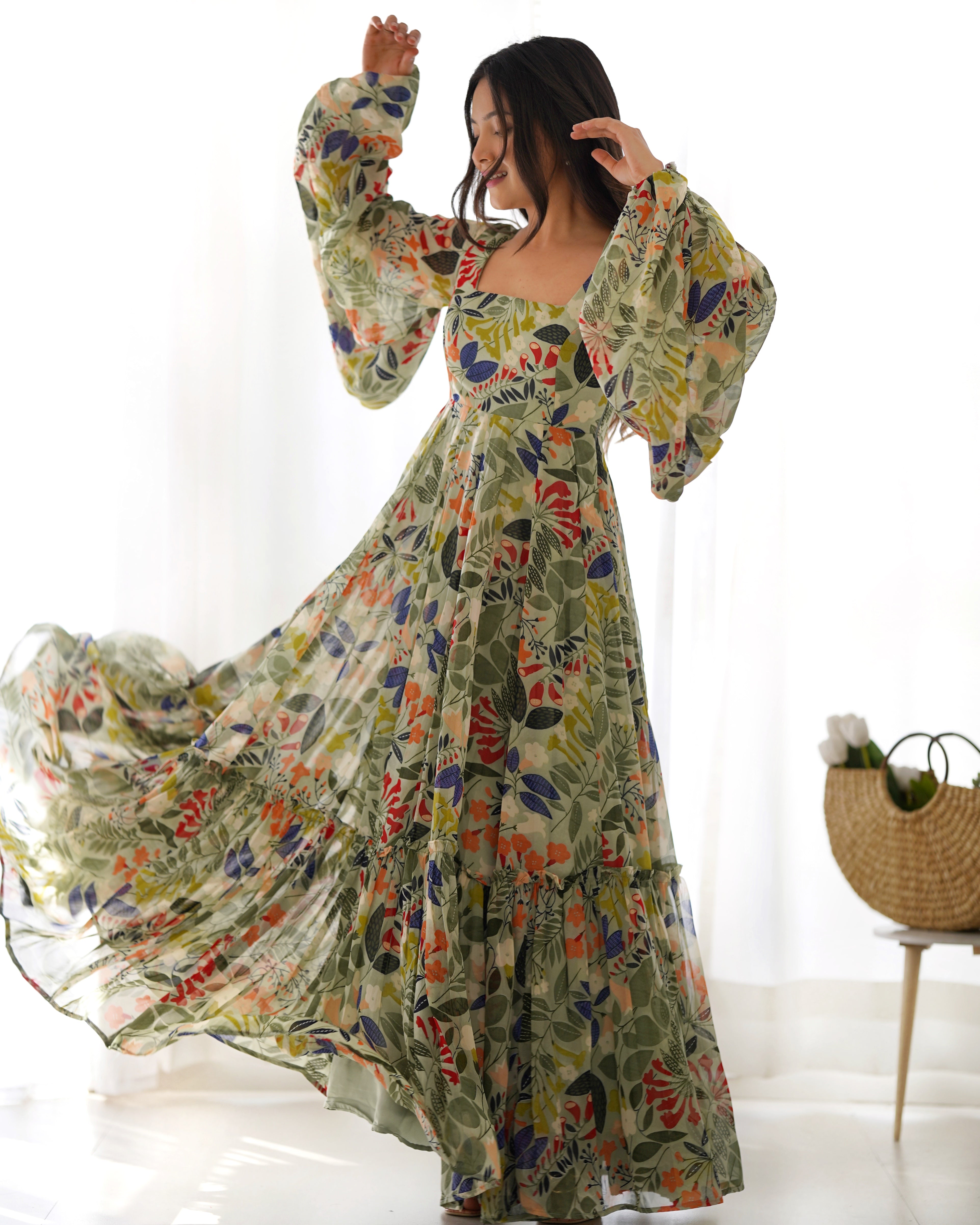 Lorenvalley Women Pure Soft Faux Georgette Floral Print Anarkali Gown - Seagreen - Distacart