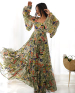 Thumbnail for Lorenvalley Women Pure Soft Faux Georgette Floral Print Anarkali Gown - Seagreen - Distacart