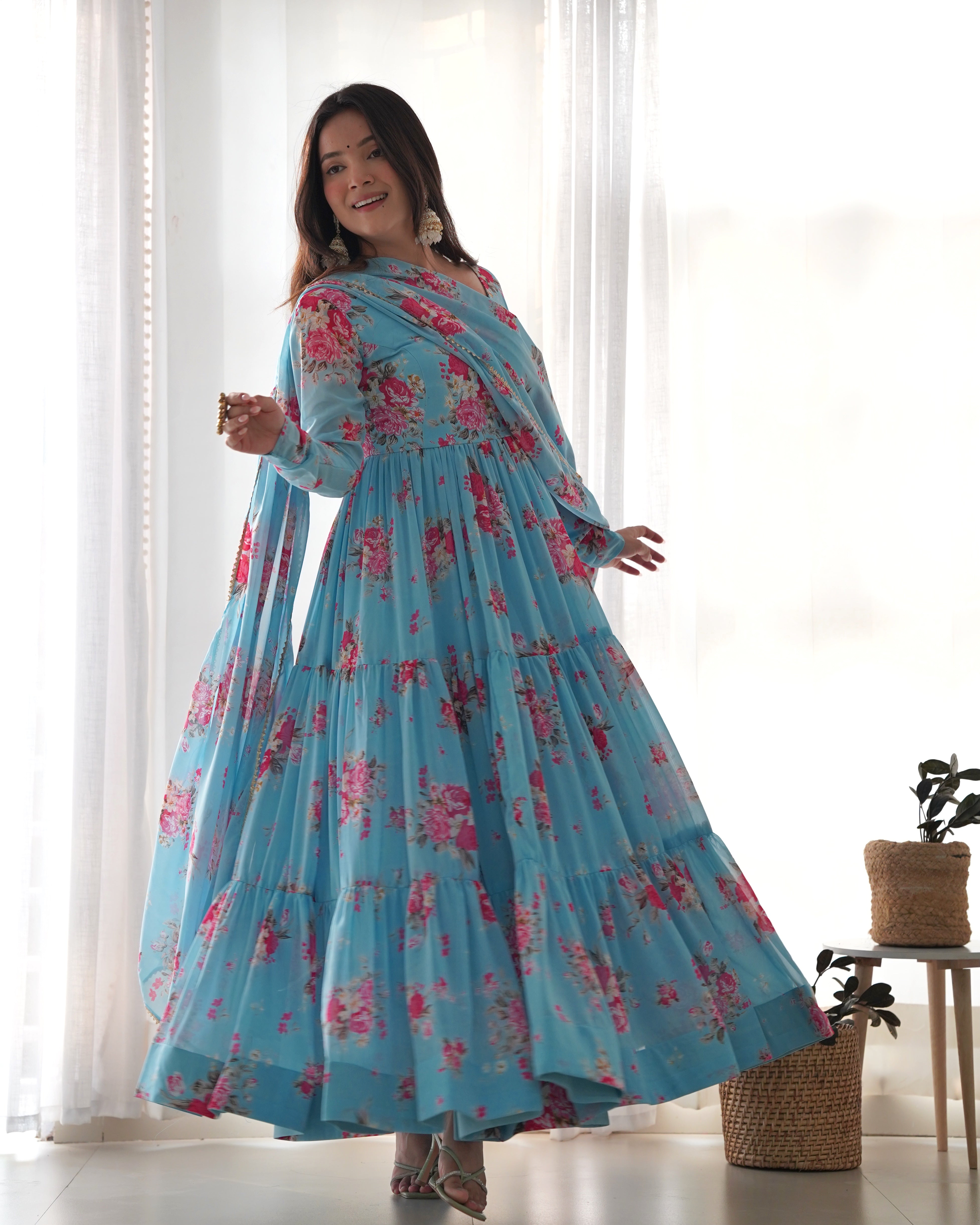 Lorenvalley Fashion Women Pure Soft Faux Georgette Floral Print Fully Flair Anarkali Kurta Pant With Dupatta Set - Skyblue - Distacart
